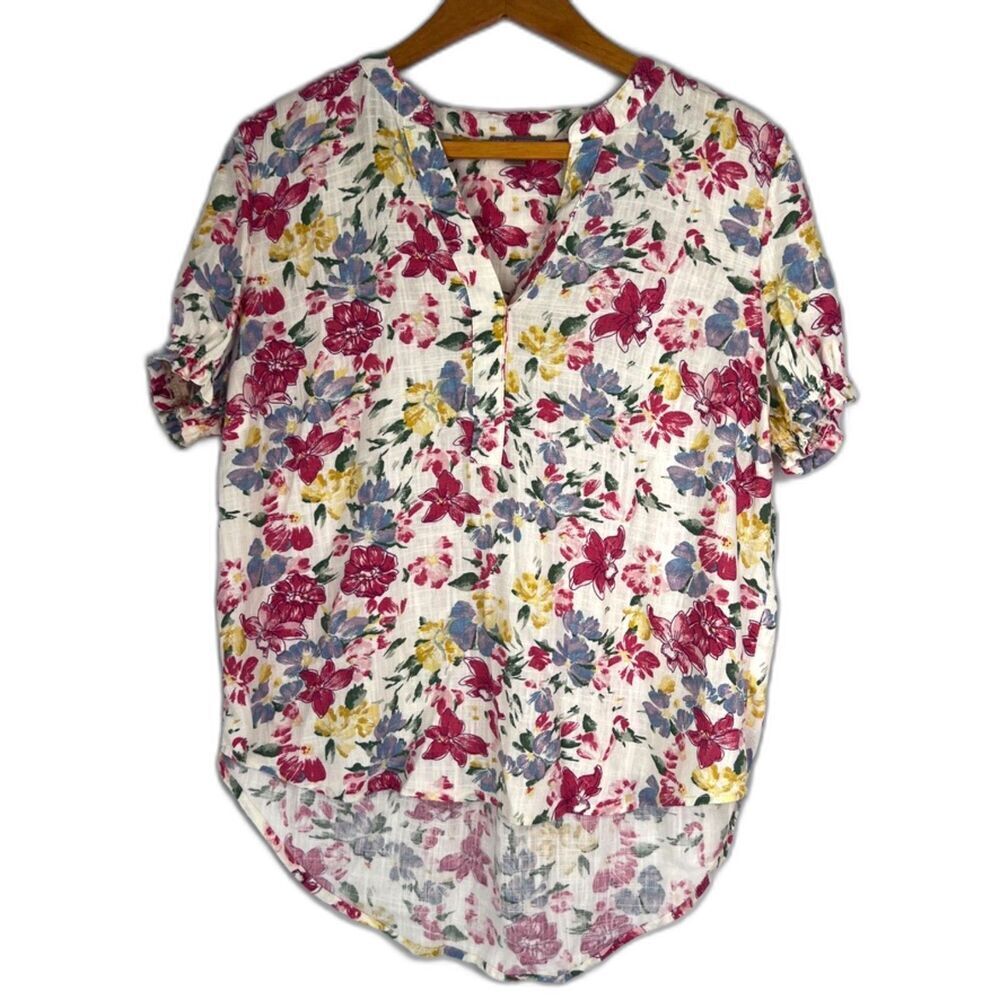 Falls Creek White‎ Floral Print Vneck Linen Blend Super Soft Blouse Size Medium